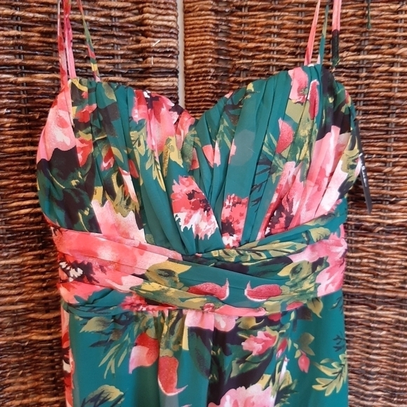 Lulus Women's XL Floral Chiffon Pleated Romantic Sweetheart Neck Midi Dress Tea - Picture 5 of 11